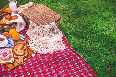 Summer picnic with a basket of food on blanket in the park. Free space for text