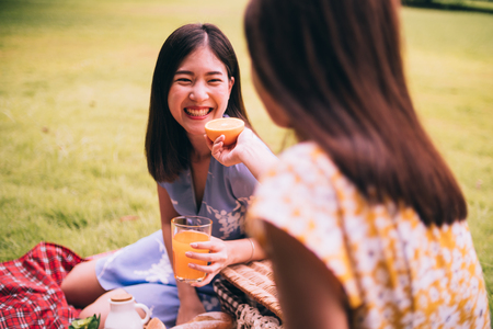 Two female friends enjoying picnic together in a park.の写真素材