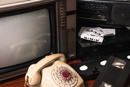Old telephone and obsolet electronic equipment on wooden floor