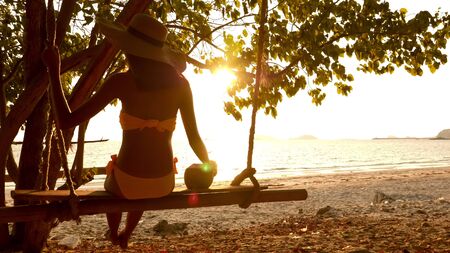 Sexy woman in yellow swimwear sitting on swing by the beach.の写真素材