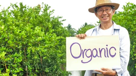 Happy farmer smiling and standing in organic farm.の写真素材