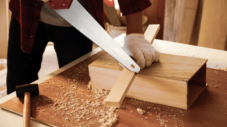 Carpenter using saw to cut a board at site.