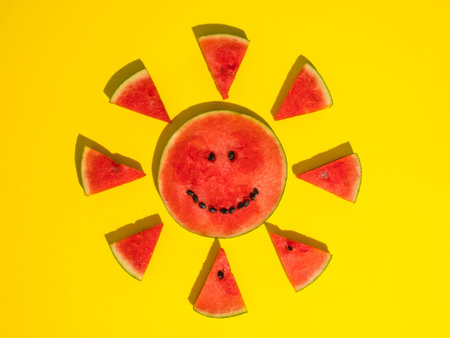 Fresh ripe watermelon slices on yellow background.