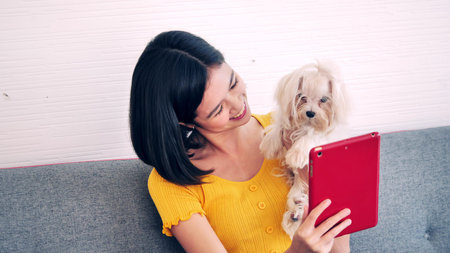 Happy woman sitting and taking a photo by tablet with shihtzu dog on a sofa at home