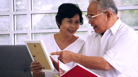 Asian elderly couple spending time together at home.