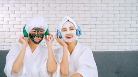 Two happy Asian girls in white bathrobes with facial mask enjoying music with headphones in living room.の写真素材