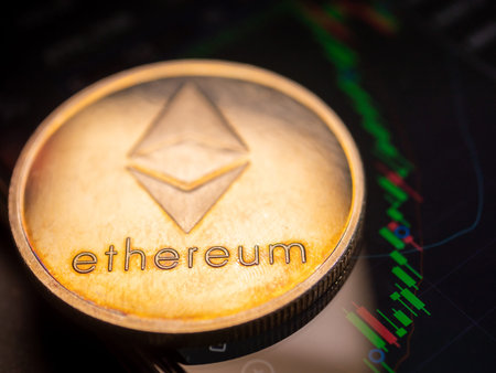 Ethereum coin with stock graph background. Digital currency concept.