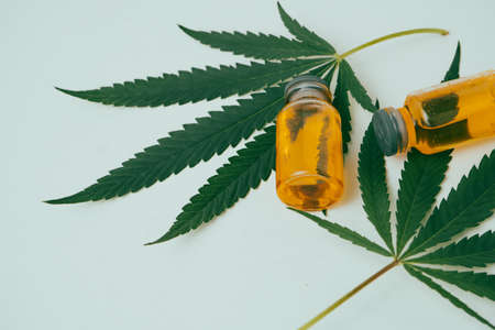 Cannabis oil in the vials with green leaves on white background. Alternative medicine concept.の写真素材