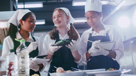Group of schoolgirls having fun learning to cook. Female students in a cooking class.の写真素材