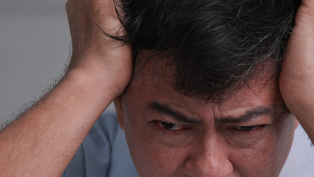 Asian old man with migraine headache. Man feel stressed and worried about health problems.