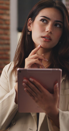 Young beautiful businesswoman working on tablet in office.の写真素材