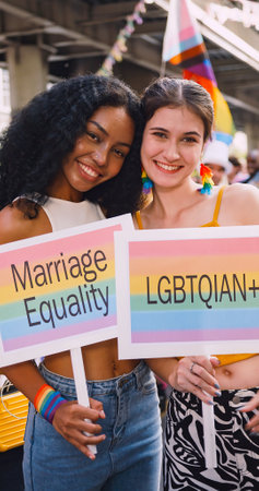 A lesbian couple shows off her homosexual identity in a pride parade.の写真素材