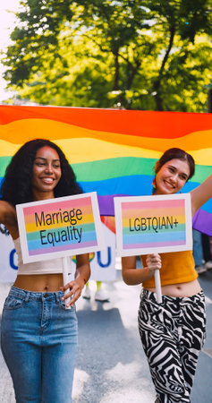 A lesbian couple shows off her homosexual identity in a pride parade.の写真素材