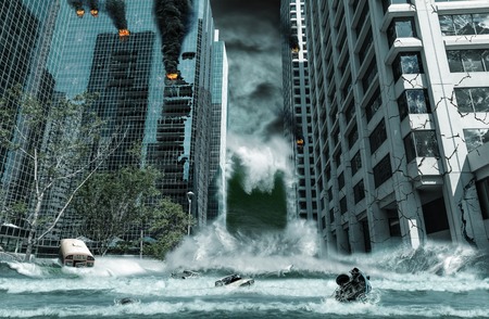 A cinematic portrayal of a city destroyed by Tsunami waves. Elements in this cityscape were carefully created, modified and manipulated to resemble a fictitious disaster scene.の写真素材