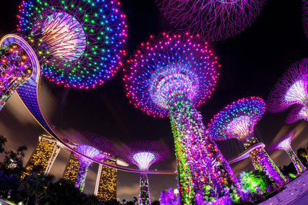 The Supertree Grove comes alive at Gardens by the Bay in Singapore. The nightly dazzling myriad of light and laser displays illuminate the sky.のeditorial素材