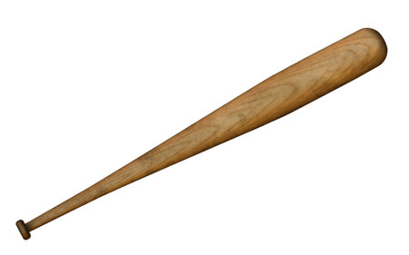 An old traditional wooden and rugged baseball bat isolated on white background. Can also be used for...