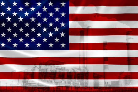 3D rendering of USA's flag on silky satin and double exposure of factory smoke stacks in the background, signifying the pollution problem in the United States. USA is one of the most polluting countries in the world.の写真素材