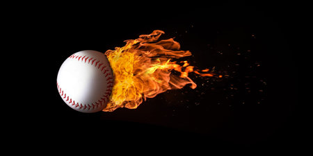 Flying baseball engulfed in trailing flames with sparks flying on a black background. Concept of a...