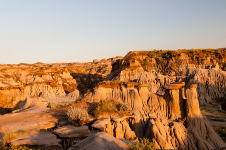 Sun setting over Dinosaur Provincial Park in Alberta, Canada.の写真素材