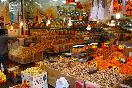 HONG KONG - MAR 27, 2011: Dried seafood and dehydrated delicacies on sale at a shop in Sheung Wan treet market in Des Voeux Rd, where more than 300 similar shops have operated here since the 19th century.のeditorial素材