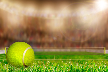Low angle view of tennis ball on grass court and deliberate shallow depth of field on brightly lit stadium background with copy space.の写真素材
