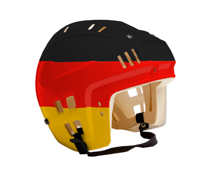 Ice hockey helmet with flag of Germany painted on it. Isolated on white background. Germany is one of the world's major ice hockey nations.の写真素材