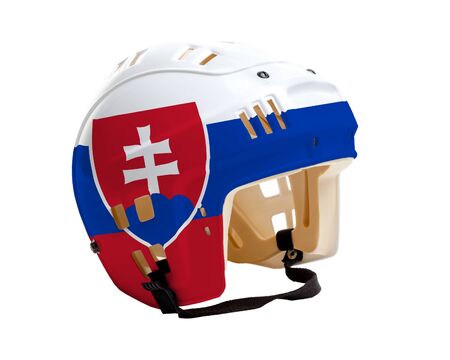 Ice hockey helmet with flag of Slovak Republic painted on it. Isolated on white background. Slovakia is one of the world's major ice hockey nations.の写真素材