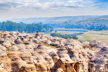 pictures on top of the hoodoos at Writing-on-Stone Provincial Park in Alberta, Canada.の写真素材