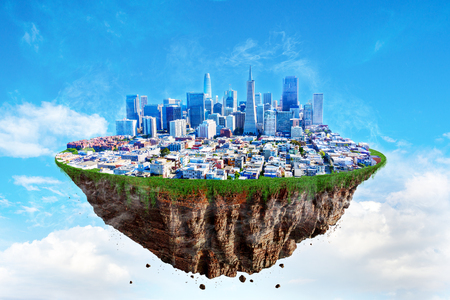 Fantasy floating island with San Francisco cityscape floating in the air on a cloudy sky.の写真素材