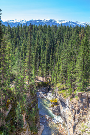 Aerial view of Maligne Canyon in Jasper National Park which is constantly being eroded by the churning and swirling of the water from the Maligne Riverの写真素材