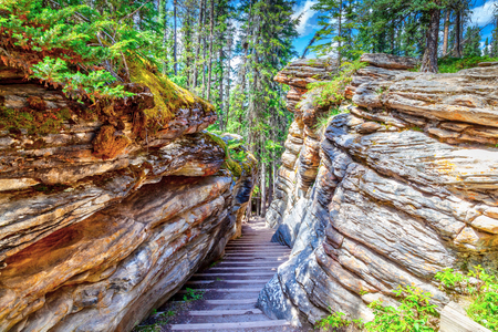 Long winding staircase cuts through the canyon at Athabasca Falls on the Icefields Parkway in Jasper National Park in Alberta, Canada.の写真素材