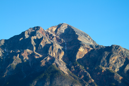 Close up of Pyramid Mountain peak summit at Jasper National Park in Alberta, Canada, during Summer.の写真素材