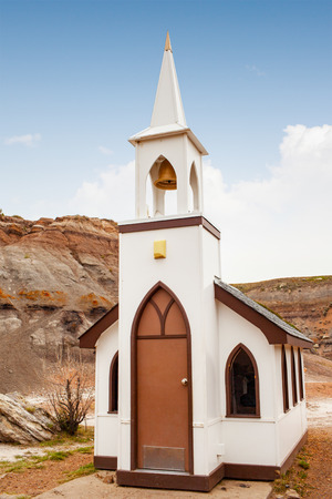 Tiny Little Church in a desolate place on the Dinosaur Trail in Drumheller, Alberta, Canada.の写真素材