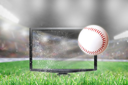 Baseball flying out of shattering TV screen in stadium with copy space. Concept of realistic 3D or 4D sports TV, virtual reality VR or computer gaming.の写真素材