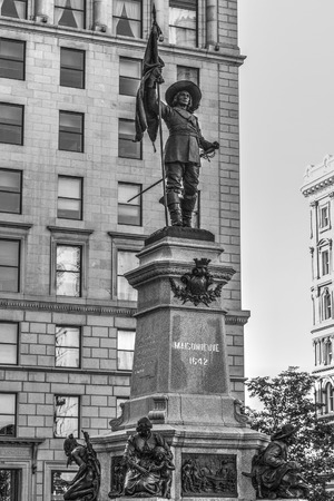 Famous Maisonneuve Monument (erected in 1895) at Place d'Armes, Montreal, Canada. The landmark monument was erected in memory of Paul Chomedey de Maisonneuve (1612 - 1676), the founder of Montreal. Black and white renderingのeditorial素材