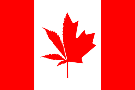 Illustration of Canadian flag with half cannabis plant and half maple leaf. Concept of legalization of marijuana in Canada in 2018.の写真素材