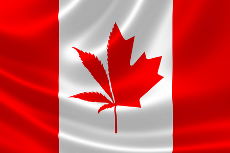 3D illustration of Canadian flag with cannabis plant and maple leaf symbol. Concept of legalization of marijuana in Canada in 2018.の写真素材