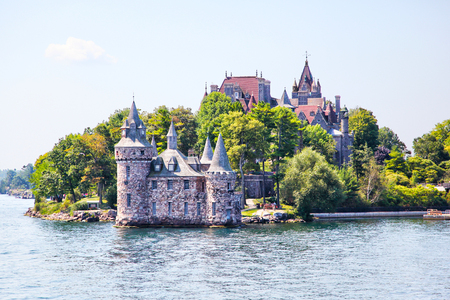 ALEXANDRIA, USA - August 24, 2012: Historic Boldt Castle in the 1000 Islands region of New York State on Heart Island in St. Lawrence River. In 1900, millionaire George Boldt wanted to build a 6-story castle as a present to his wife Louise.のeditorial素材