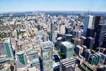 Aerial view of Toronto's downtown financial district showing skyscaper skyline of corporate business...