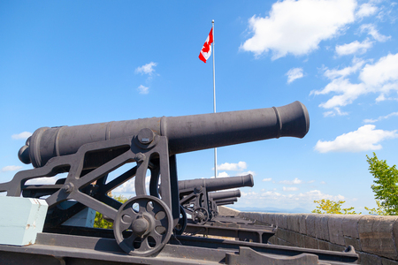 Historic cannons at the ramparts of Old Quebec City date back to 1608 and 1871 when French and British forces fought to control the strategic Citadelleの写真素材
