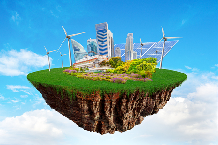 Fantasy floating island with clean nature city relying on renewable resources. Concept of sustainable ecological future and alternative energy of an eco friendly planet.の写真素材