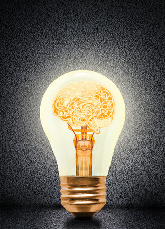 Anatomy of a human brain glowing inside illuminated light bulb with concrete background and copy space. Concept of bright idea, brainstorming, intelligence, being smart, creative and a genius.の写真素材