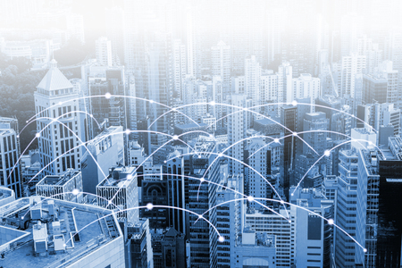 Modern urban skyline with high-speed data and internet communication network. Concept of cyber network in big city with copy space.の写真素材