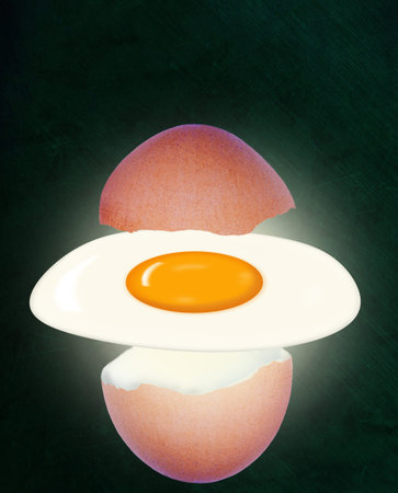 Broken brown eggshell and floating fried egg on chalkboard background with copy space.