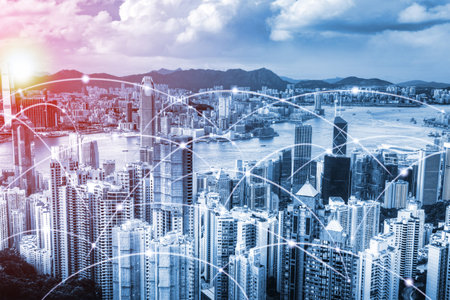Modern urban skyline with high-speed data and internet communication network. Concept of cyber...