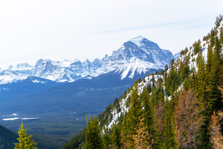 Snow-capped mountain landscape showing the Canadian Rockies at Lake Louise near Banff National Park in Alberta, Canada.の写真素材