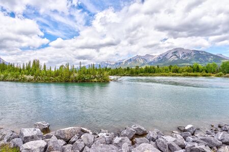 Canmore's Bow River Loop Trail on the southern Banff range of the Canadian Rockies in Alberta.の写真素材