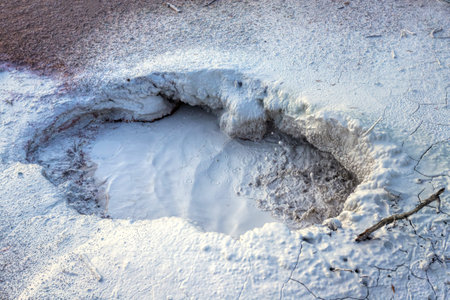 Close up of bubbling mudpot at Artists Paintpots in Yellowstone National Park, Wyoming, USA.