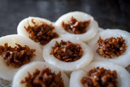 Popular Singapore breakfast food made of steamed rice cake with preserved radish known as Chwee Kueh is originally a Teochew cuisine dish.の写真素材