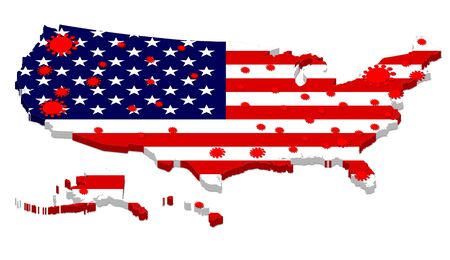 3D rendering of USA map with flag overlay showing the spread of COVID-19 Coronavirus in the United States of America